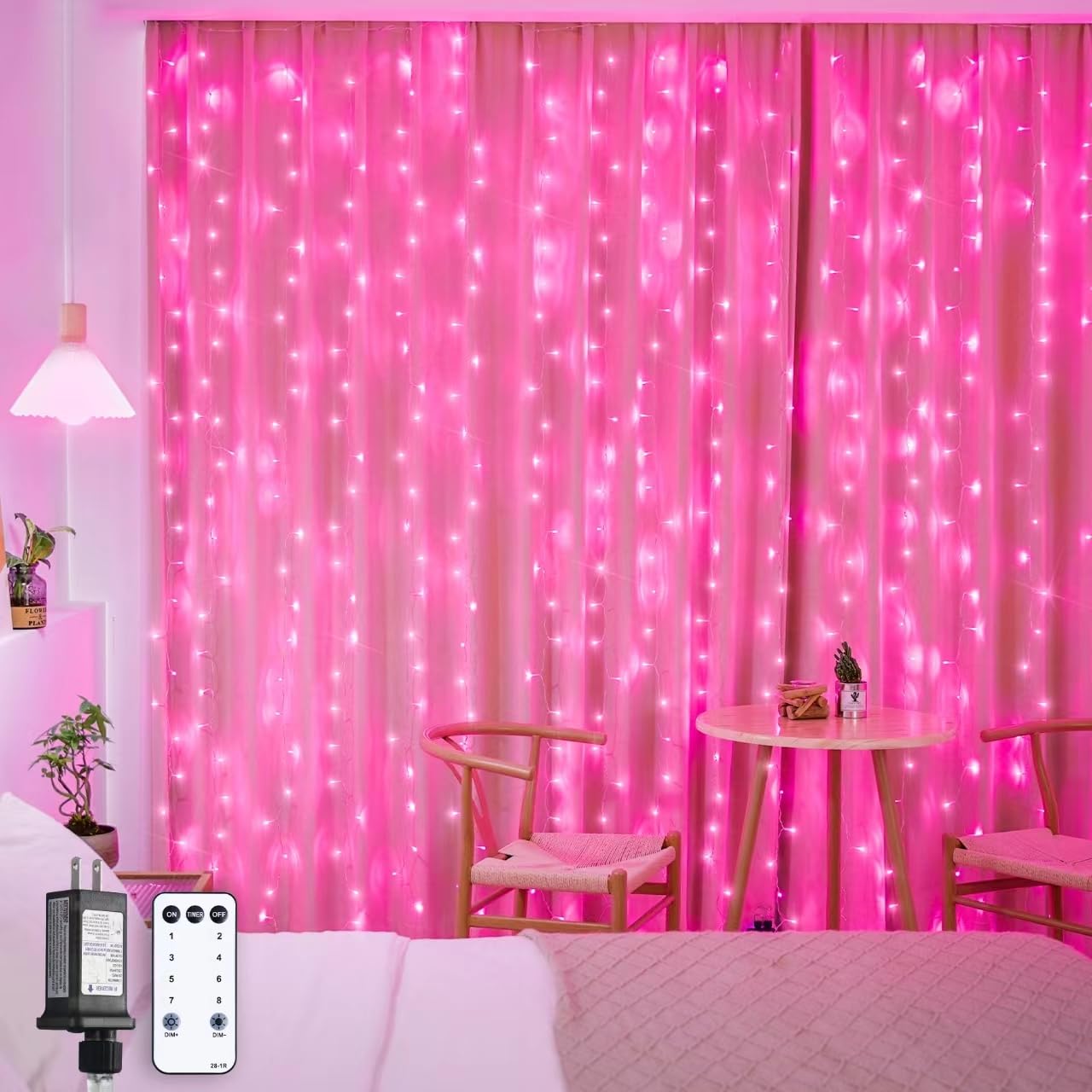 Rynx | Jmexsuss 300 Led Remote Control Pink Curtain Light, 8 Modes Pink Christmas Lights Indoor, Pink Light Strings For Bedroom Window Wall Decoration Background Valentine Christmas Decorations (9.8X9.8Ft)