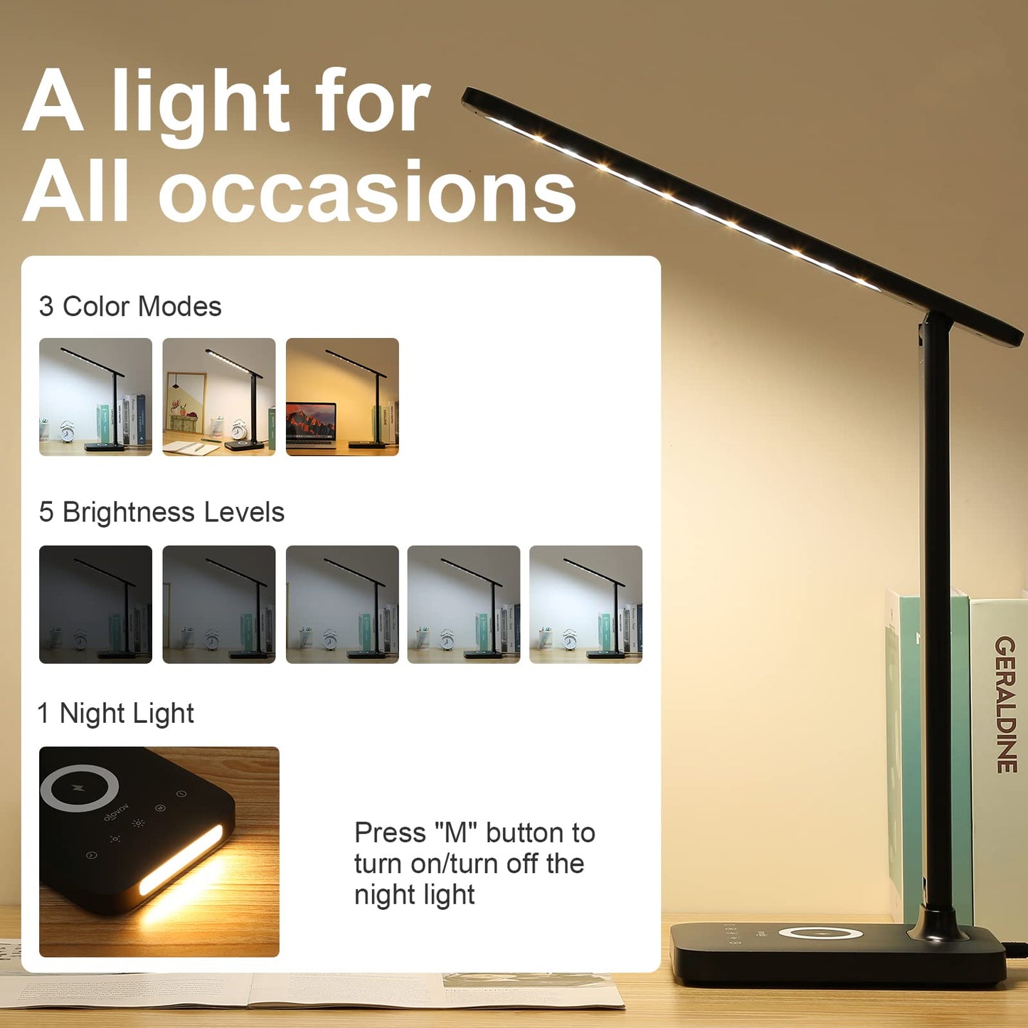 Rynx | Vavofo LED Desk Lamp with Fast Charger, USB Port, 5 Brightness Levels, Touch Control, Auto Timer