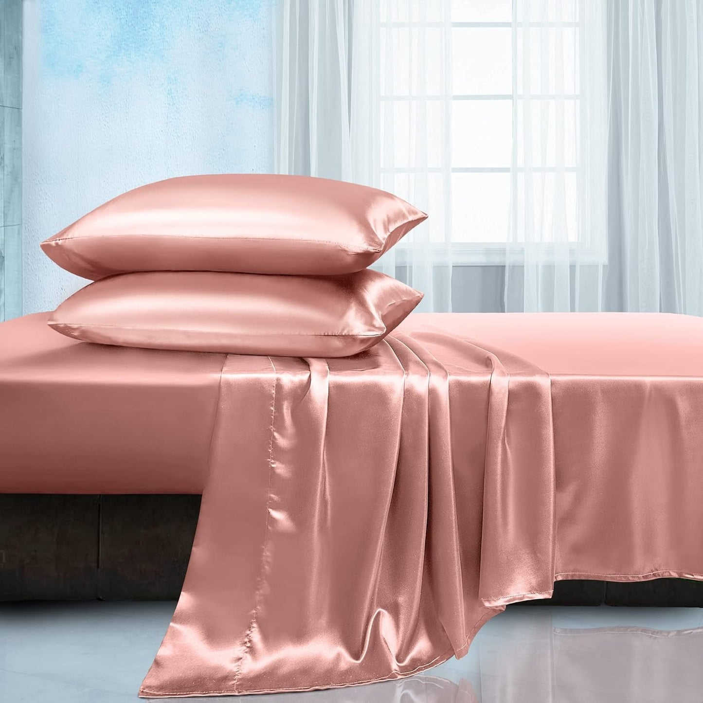 Rynx | Soft Silk Satin Sheet Set, Luxury Bedding Set (1 Satin Fitted Sheet with Elastic, 1 Satin Flat Sheet, 2 Satin Pillowcases (Twin/1 Pillowcase)