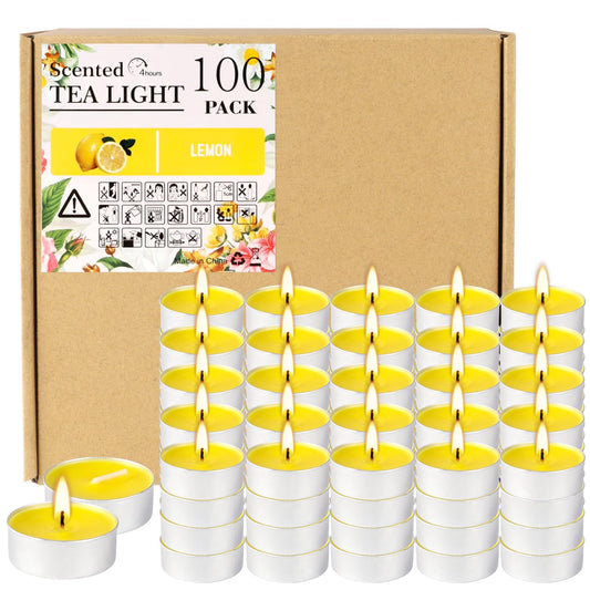 Rynx | 100 Pack Scented Tealight Candles 4 Hours, Lemon Aromatherapy Candles For Votive Home, Wedding Holiday And Emergency (Yellow)