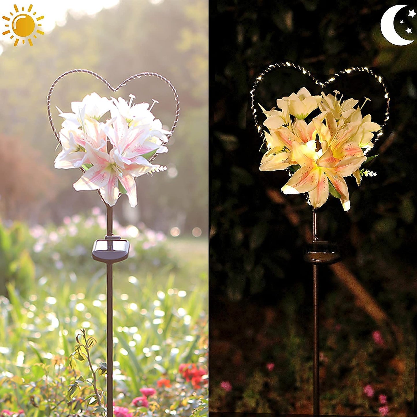 Rynx | Starryfill Heart Shaped Solar Garden Lighting With White Lily Flowers - 25 Led Warm White
