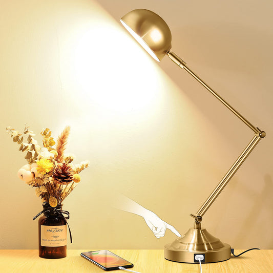 Rynx | Tobusa Gold Dimmable Desk Lamp With USB Port, Touch Control, 3 Color Modes, Brass Retro Style