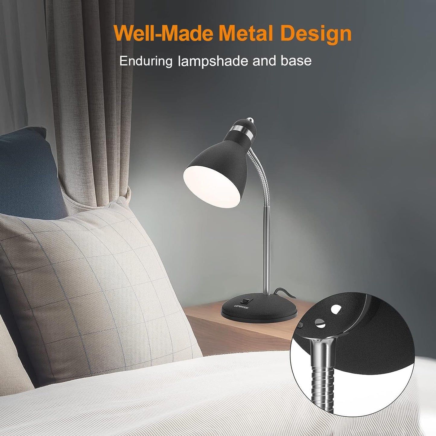 Rynx | Lepower Eye-Friendly Metal Desk Lamp with Flexible Gooseneck for Home Office, Matte Black