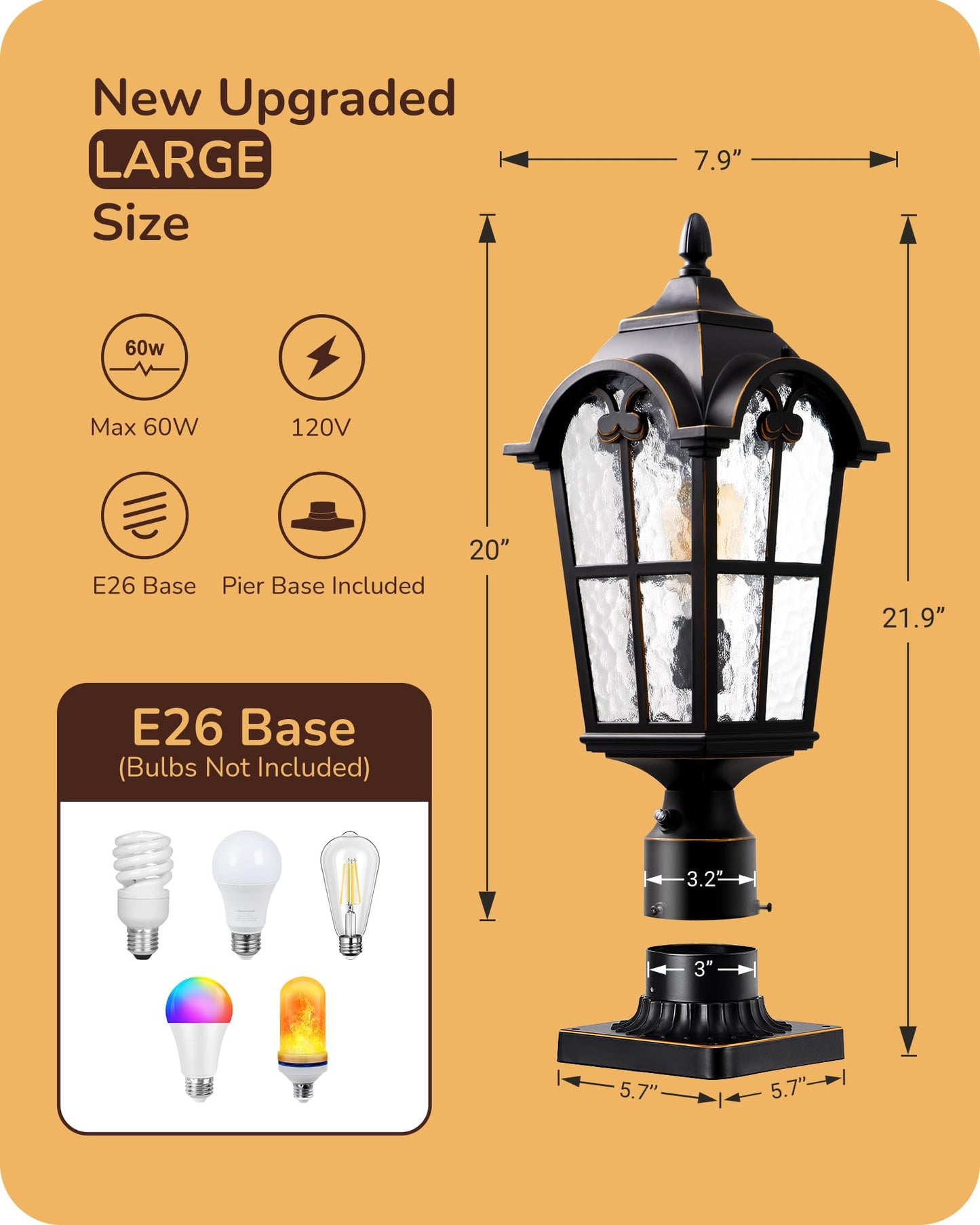 Rynx | Edishine Large Dusk To Dawn Outdoor Post Light, Waterproof Black Aluminium Lamp For Garden & Driveway