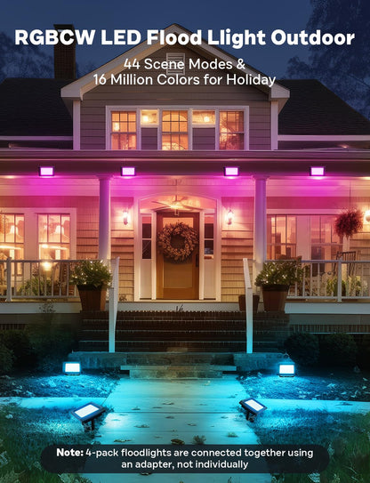 Rynx | Alfele 36W Rgbw Led Floodlight, Color-Changing Outdoor Lighting, Remote Control, Ip66, 4 Pack