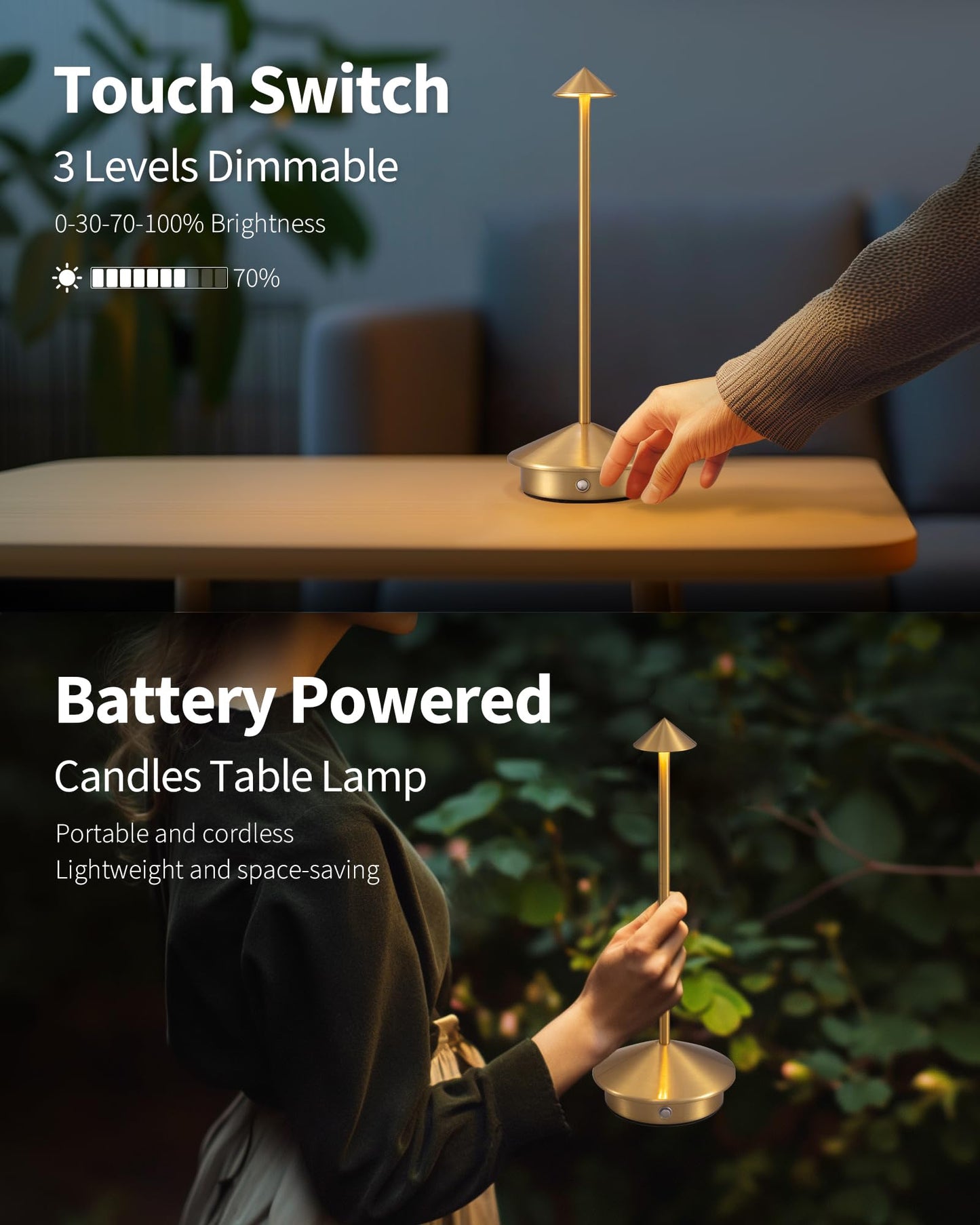 Rynx | Newsee Wireless Table Lamp Set of 2, Gold LED Desk Lamps with Rechargeable Battery, Portable Lighting