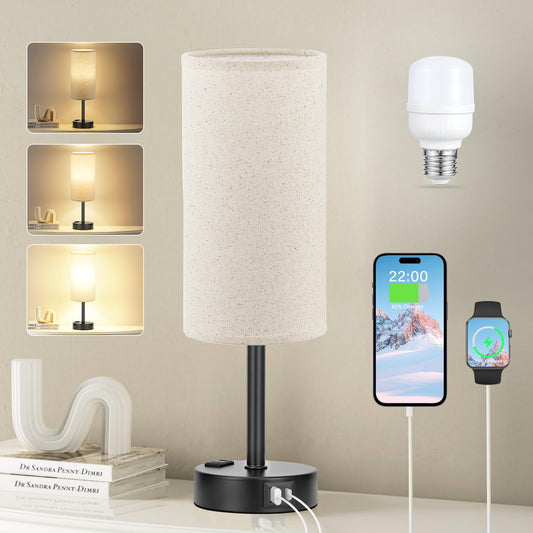 Rynx | Fenmzee Touch Table Lamp - Beige, 3-way Dimmable, Usb A + C Charging, Ac Outlet, 17.4 inches Medium, Black Metal Base