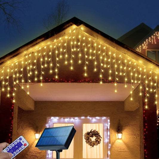 Rynx | Janchs 304 Led Solar Icicle Light - 8 Modes Waterproof Warm White Holiday Decorations