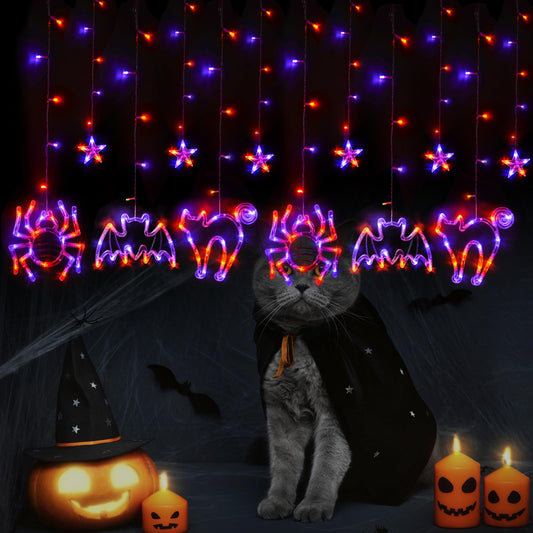 Rynx | Lolstar Halloween Window Light, Hanging Halloween Decorations Orange Purple Cat Spider And Bat 183 LEDs Indoor String Light Remote Control 8 Flashing Modes Timer Curtain Light Max Connect 2 Sets