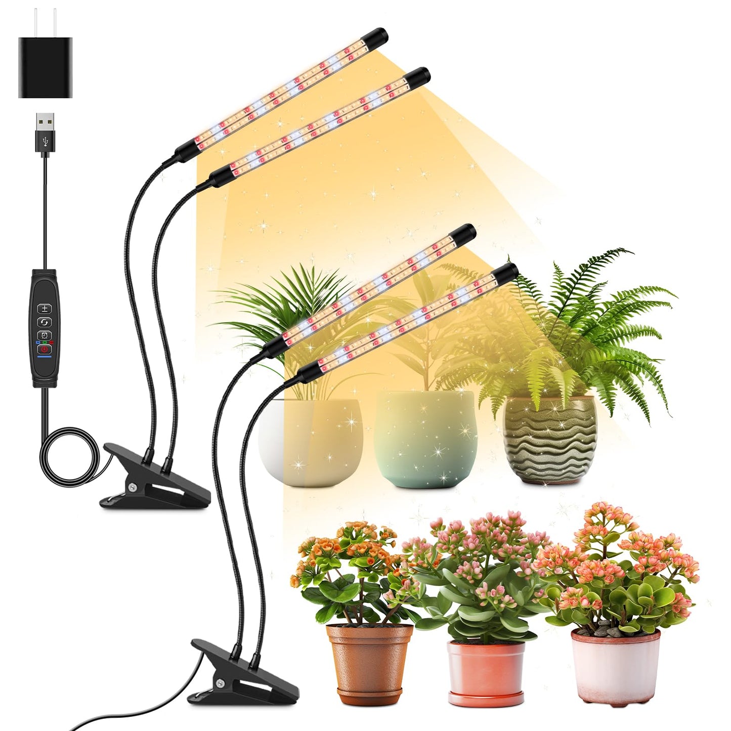 Rynx | Lpmzmbl 4 Heads Clamp Grow Light With V-shaped Design, Full Spectrum Grow Light For Indoor Plants, Adjustable 360° Gooseneck Grow Lamp, 3/9/12H Timer & 10 Dimming Levels For Plant Growth (2 Pack)