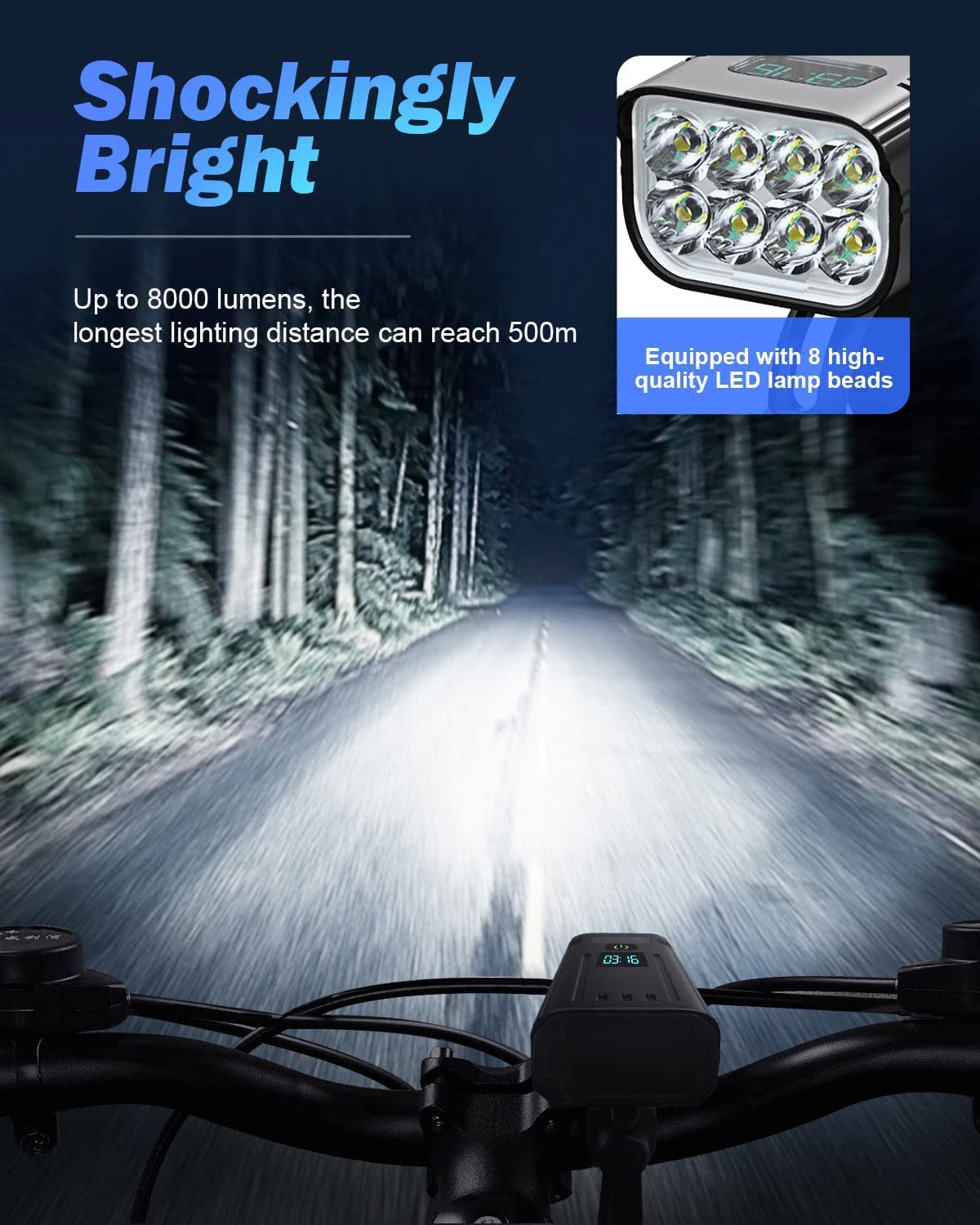 Rynx | Victoper 8000 Lumens Bicycle Light Set, 8 Led Usb Rechargeable Front & Back Lights, Matte Black