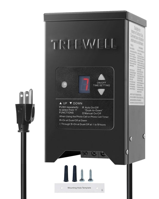 Rynx | Treewell 200W Low Voltage Landscape Transformer, Outdoor Landscape Lighting Transformer with Photocell Sensor and Timer, 120V Ac to 12V/15V Ac, Stainless Steel Weather-Resistant Transformer, Black