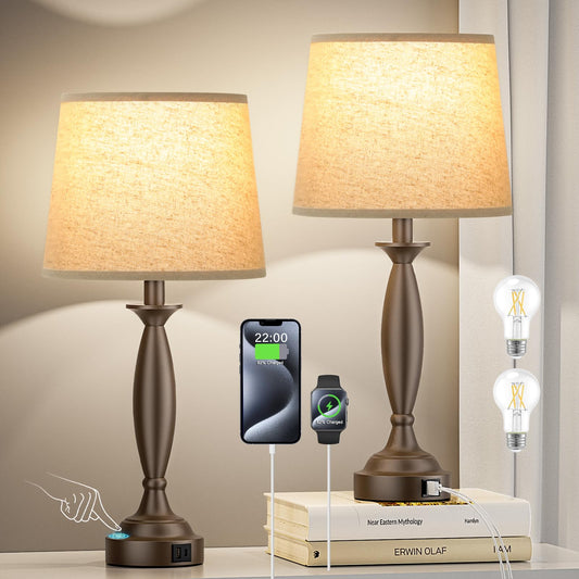 Rynx | Beige Brown Lamps For Bedroom Set Of 2 - Touch Control Bedside Lamp With Usb C+A, 3 Way Dimmable Nightstand Lamp With Usb Port
