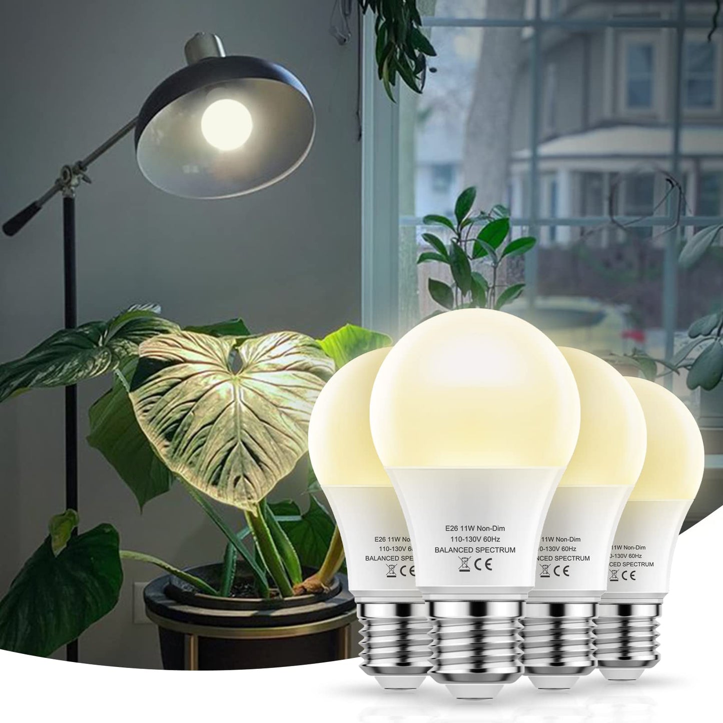 Rynx | LED Grow Light Bulbs, Full Spectrum - A19, E26 Base, 11W (100W Equivalent), 4 Pack For Indoor Plants, Flowers, Greenhouses