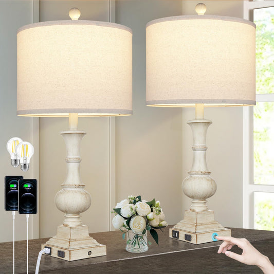 Rynx | 26" Farmhouse Table Lamps Set of 2, Rustic Touch Control Nightstand Lamps with 2 USB Ports & AC Outlet, Vintage White Resin 3-Way Dimmable Nightstand Lamp Linen Fabric Shade for Living Room Bedroom Decor