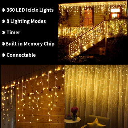 Rynx | Toodour 360 LED Christmas icicle lights, 29.5Ft warm white light string for holiday decoration