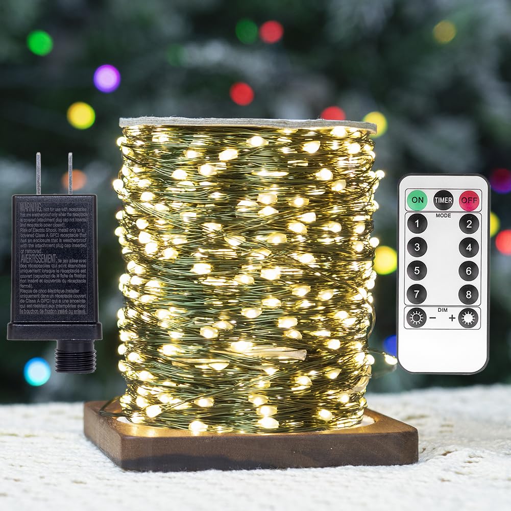 Rynx | Zeluxdot Fairy Lights Plug In, 660Ft 2000 Leds Waterproof Light String, Green Copper Wire, Led Light Strap With Remote Control 8 Modes For Indoor Outdoor Christmas Wedding Birthday Patio Garden Decor, Warm white