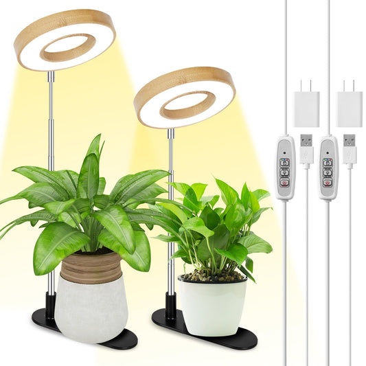 Rynx | Lordem Bamboo Base Desk Grow Light, LED Plant Lamp With Full Spectrum, 4 Adjustable Brightness Levels, 4H/8H/12H Auto Timer For Indoor Plant Growth, Height Adjustable 7.8"-26", 2 Pack