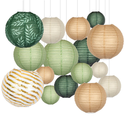 Rynx | Round Chinese paper lanterns decorative 16 pcs sage green brown hanging paper lanterns for graduation, birthday, wedding, jungle theme baby shower party decorations