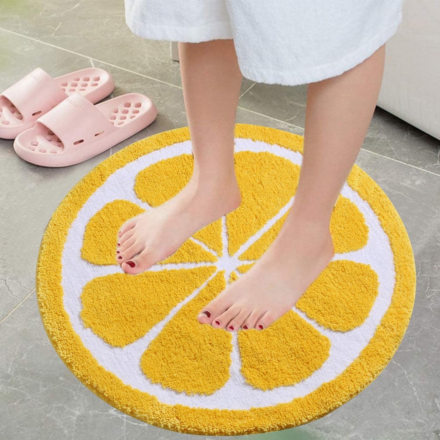 Rynx | Cute bathroom rug, lemon rug, water-absorbing non-slip rug, round lemon bathroom rug, soft machine-washable rug for bedrooms, kitchens, bathrooms, toilet floors 27.5 x 27.5 inches (Yellow)