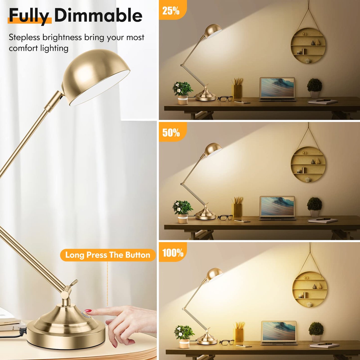 Rynx | Tobusa Gold Dimmable Desk Lamp With USB Port, Touch Control, 3 Color Modes, Brass Retro Style