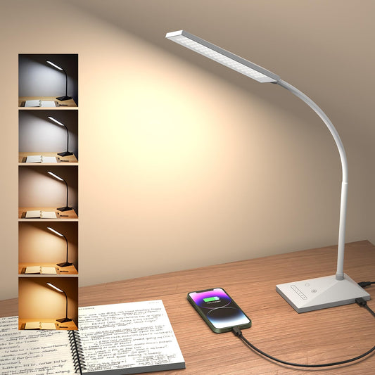 Rynx | Mongery LED Desk Lamp Eye-Friendly Table Lamps With USB Charging Port, 7 Brightness Levels & 5 Color Settings, Touch Control And Memory Function, Flexible Gooseneck Lamp For Home Office, White