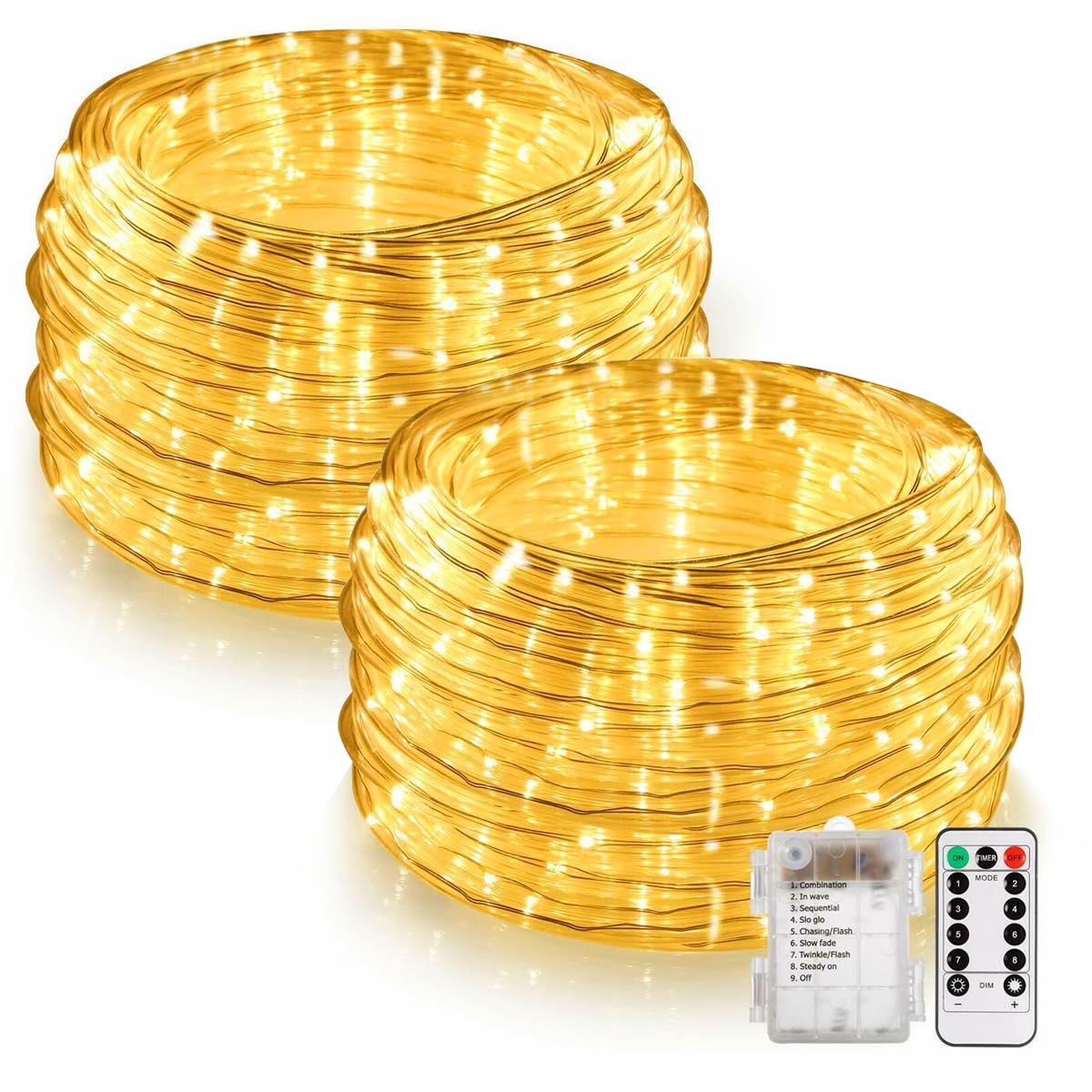 Rynx | Bebrant LED Rope Lights Battery Powered Light Strings-40Ft 120 LEDs 8 Modes Outdoor Waterproof Fairy Lights Dimmable/Timer With Remote Control For Camping Party Garden Holiday Decoration(Warm 2 Packs)