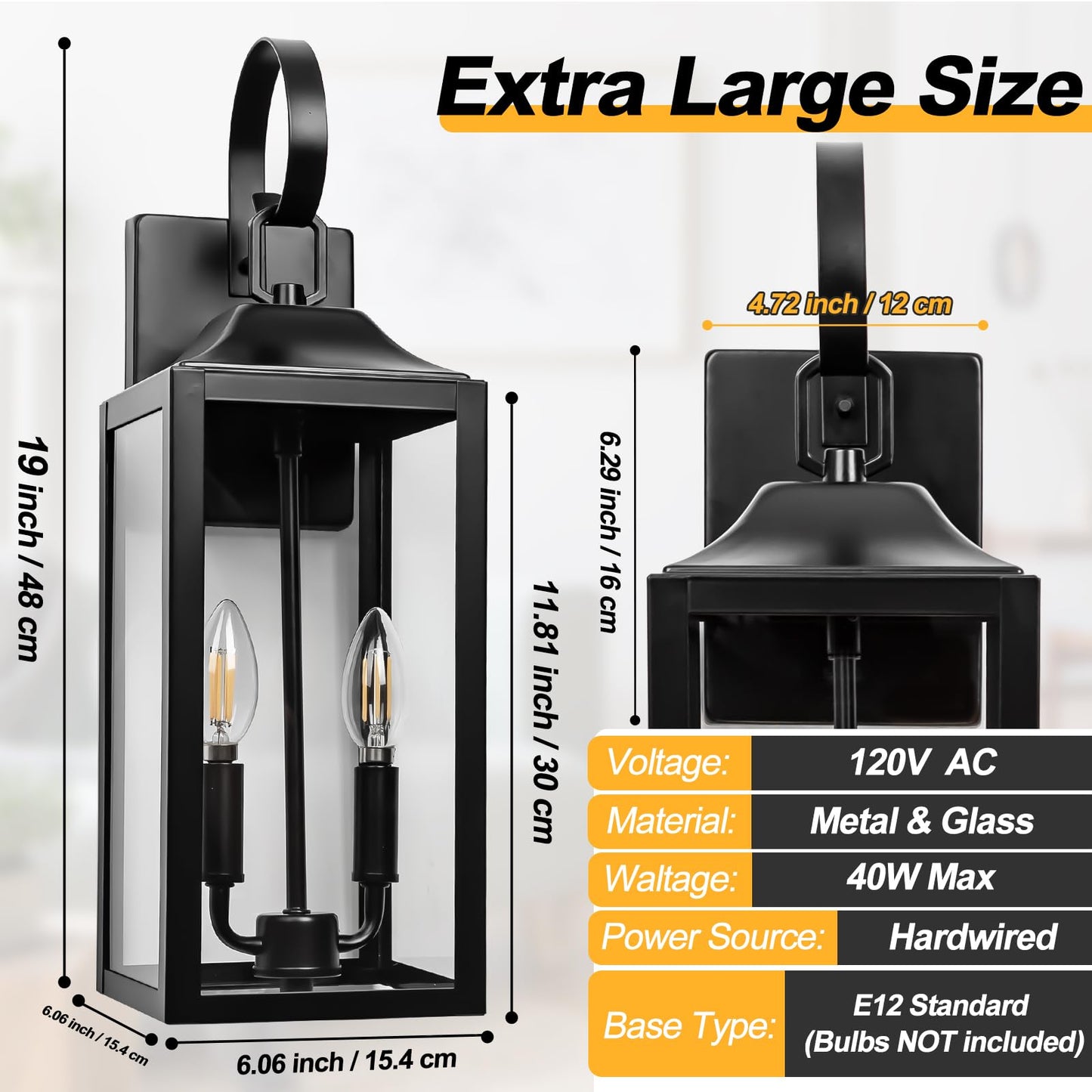 Rynx | Yolsunes 19" Black Outdoor Wall Lamp, 2-Light Industrial Wall Light, Waterproof Garden Lamp