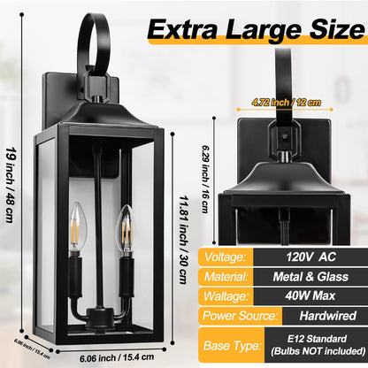 Rynx | Yolsunes 19" Black Outdoor Wall Lamp, 2-Light Industrial Wall Light, Waterproof Garden Lamp