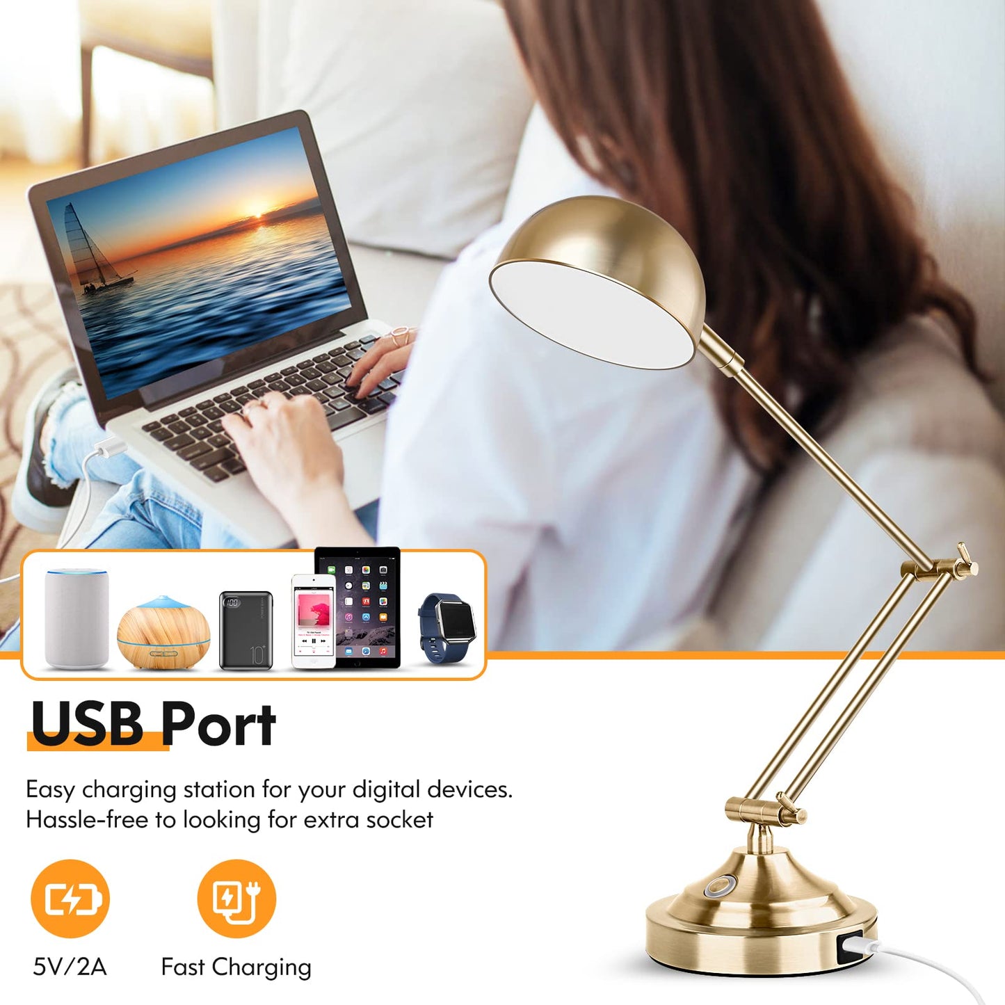 Rynx | Tobusa Gold Dimmable Desk Lamp With USB Port, Touch Control, 3 Color Modes, Brass Retro Style