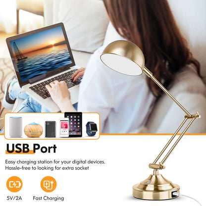 Rynx | Tobusa Gold Dimmable Desk Lamp With USB Port, Touch Control, 3 Color Modes, Brass Retro Style