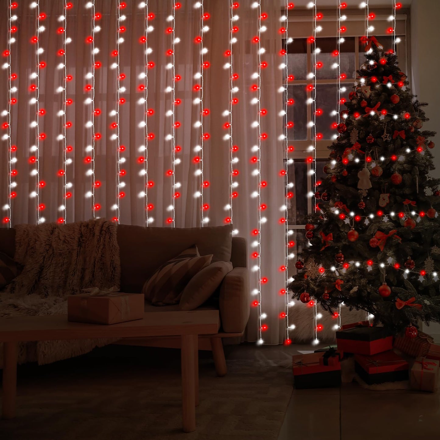 Rynx | Dealbeta Red White 300Led Christmas Curtain Lights With Remote Control, 8 Modes, 9.8X9.8Ft