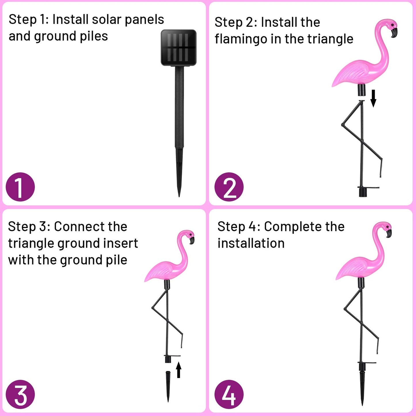 Rynx | Mudder Pink Flamingo Solar Lamps - 3 Pack Waterproof Garden Ornaments For Grass & Terrace Decor