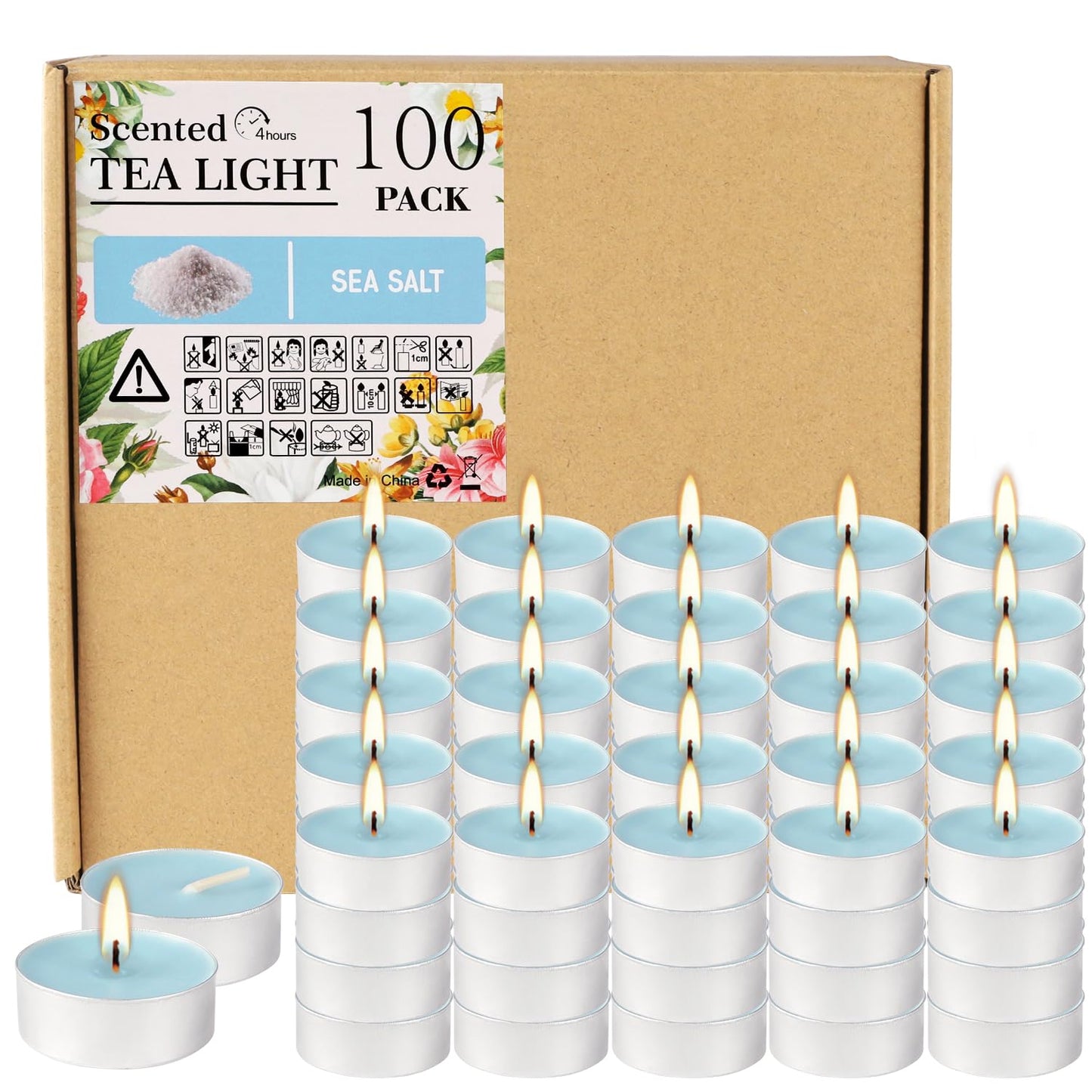 Rynx | 100 Pack Scented Tealight Candles 4 Hours, Sea Salt Aromatherapy Candles For Votive Home, Wedding Holiday And Emergency (Sky Blue)