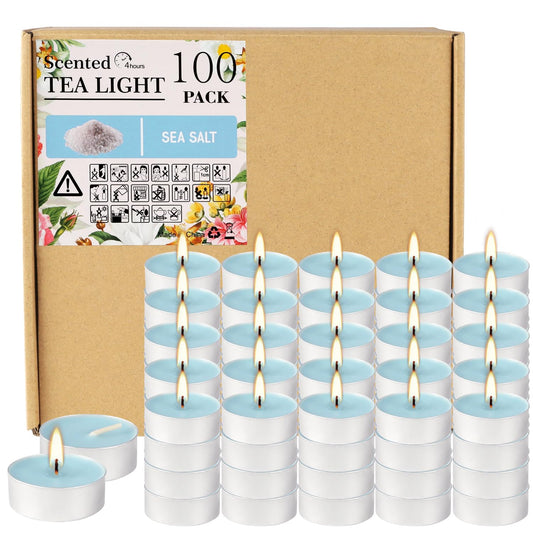 Rynx | 100 Pack Scented Tealight Candles 4 Hours, Sea Salt Aromatherapy Candles For Votive Home, Wedding Holiday And Emergency (Sky Blue)