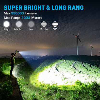 Rynx | Sinvimes 990000Lm Rechargeable Tactical Flashlight, Zoomable, 6 Modes, IPX7 Waterproof, Black