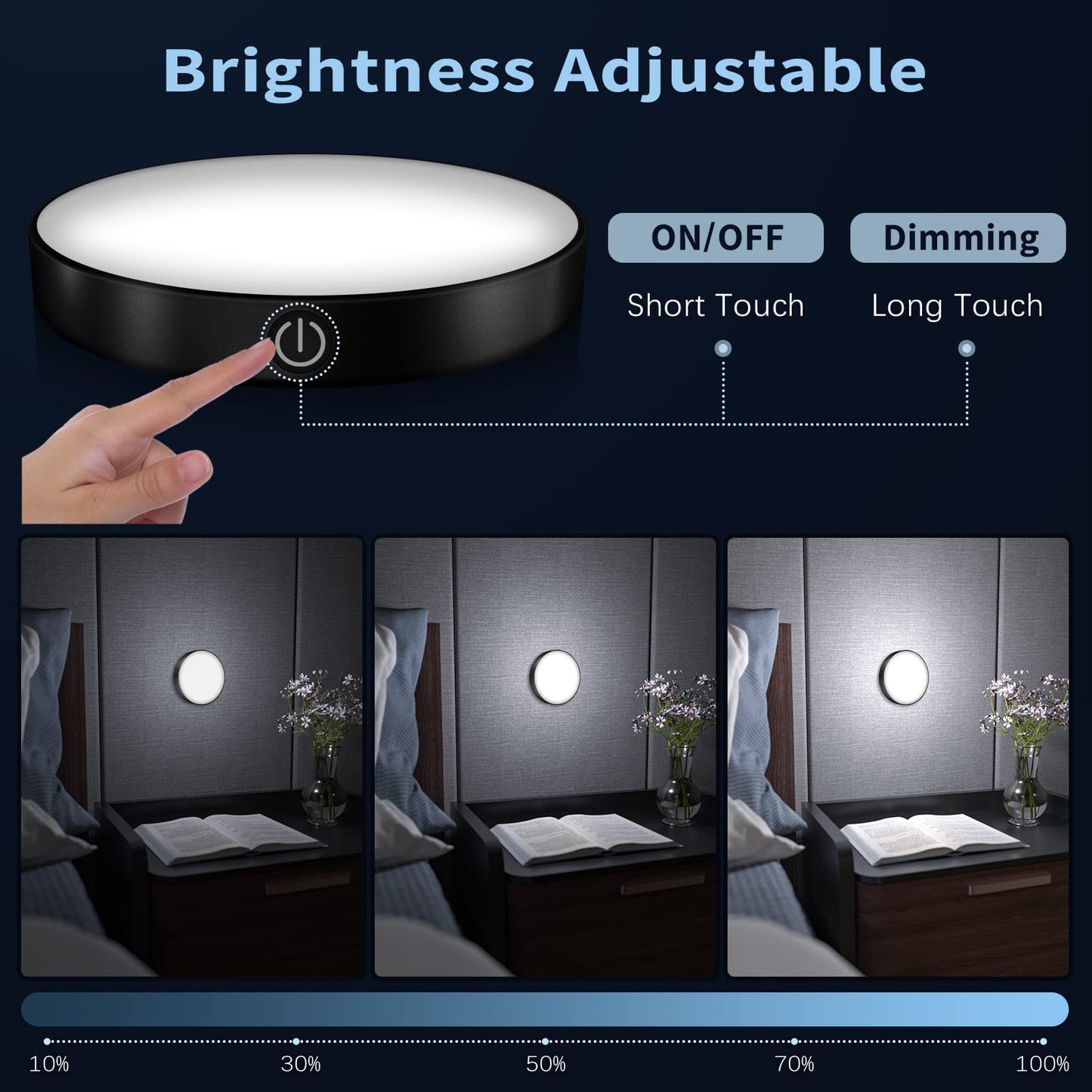 Rynx | Ferswe Dimmable Rechargeable Tap Light 6000K, Adjustable Brightness, 2 Pack, Black