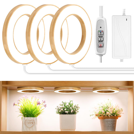 Rynx | Lordem 6.3" Bamboo Ceiling Grow Lamp For Indoor Plants, 216 Leds Full Spectrum Halo Plant Light, Under Cabinet Grow Light With 4/8/12H Auto Timer Switch Modes, 4 Dimmable Brightness Levels, Tri Head
