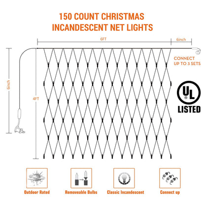 Rynx | Lomotech 150 Count Christmas Net Lights, 6Ft X 4Ft, Warm White, Waterproof, UL Certified
