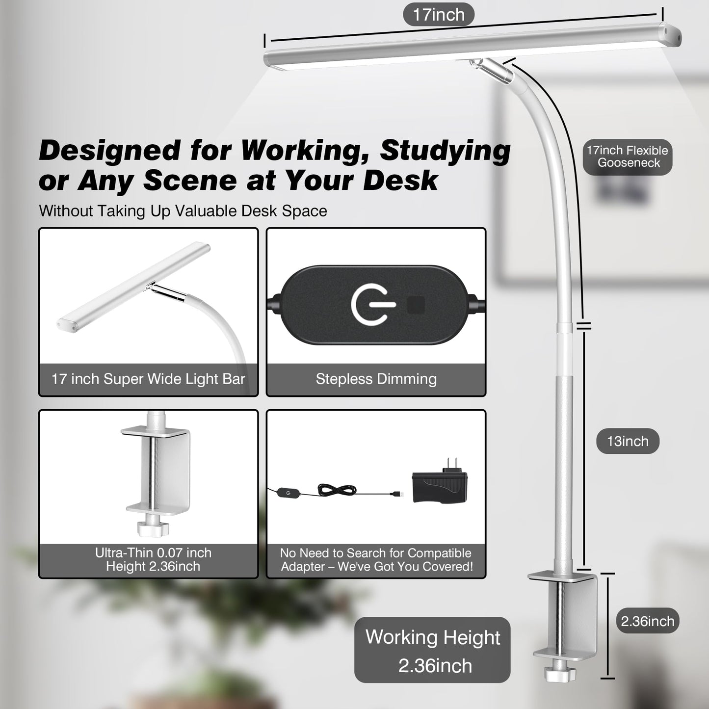 Rynx | Airlonv LED Desk Lamp, Eye-Friendly Light With Stepless Dimmer, Flexible Goose Neck, White