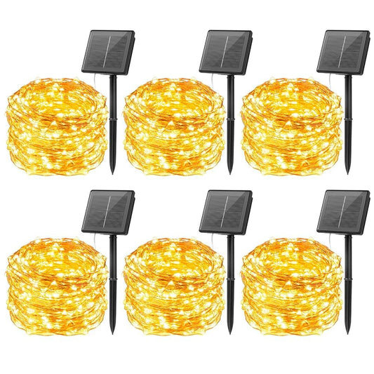 Rynx | Minetom Solar String Lights For Outdoors, 6 Packs Total 198 Feet 600 LED Outdoor Solar Fairy Lights, 8 Modes Balcony Lights For Wood Patio Christmas Party Wedding Decor (Warm White)