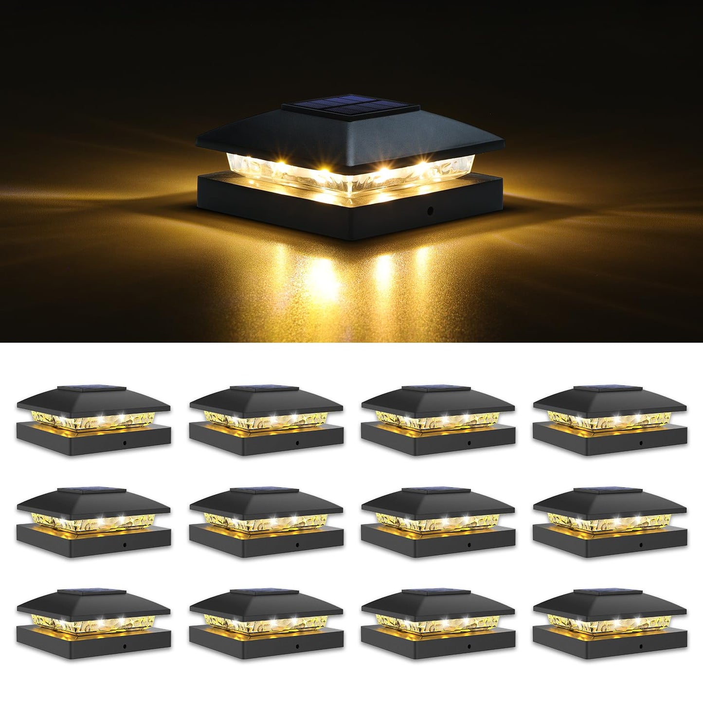 Rynx | Volisun 4X4 Solar Post Cap Light 12Pack, Solar Fence Cap Light Outdoor Waterproof For Wood/Vinyl Post, Black Cover Post Cap Li