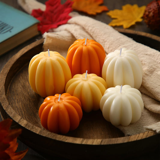 Rynx | Mtlee 6 Pieces Autumn Pumpkin Shaped Lights Thanksgiving Scented Lights Pumpkin Tealight Lights Home Decoration Pumpkin Lights Handmade Wax Lights For Bedroom Bathroom Party (Orange, White, Pumpkin)