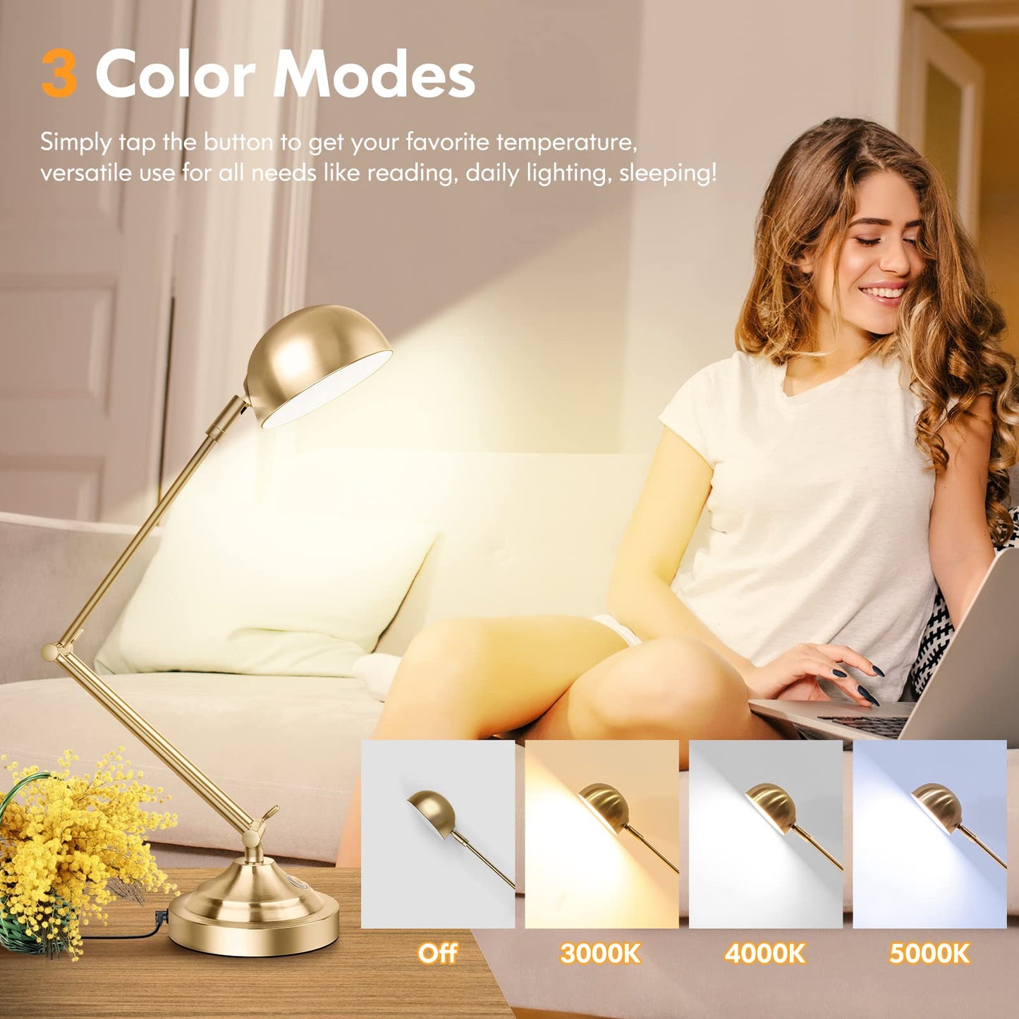 Rynx | Tobusa Gold Dimmable Desk Lamp With USB Port, Touch Control, 3 Color Modes, Brass Retro Style