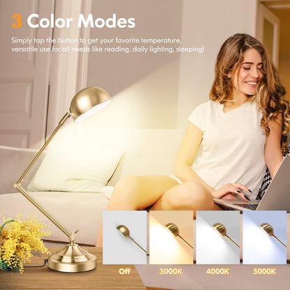 Rynx | Tobusa Gold Dimmable Desk Lamp With USB Port, Touch Control, 3 Color Modes, Brass Retro Style