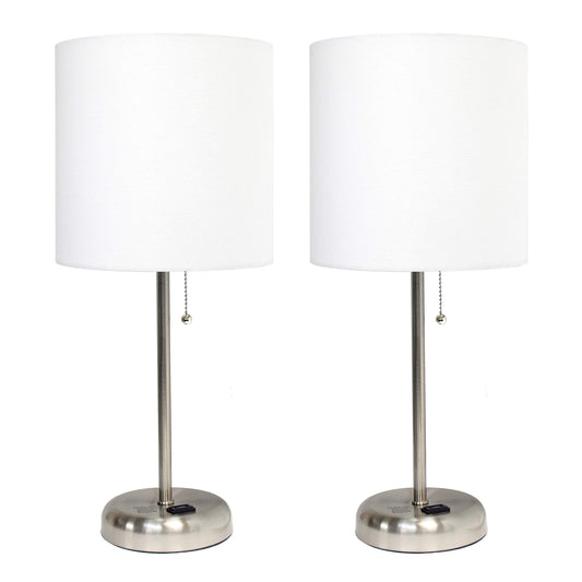 Rynx | Simple Design Lt2024-White Brushed Steel Stick Table Lamp With Charging Socket And Drum Fabric Shade, White Shade