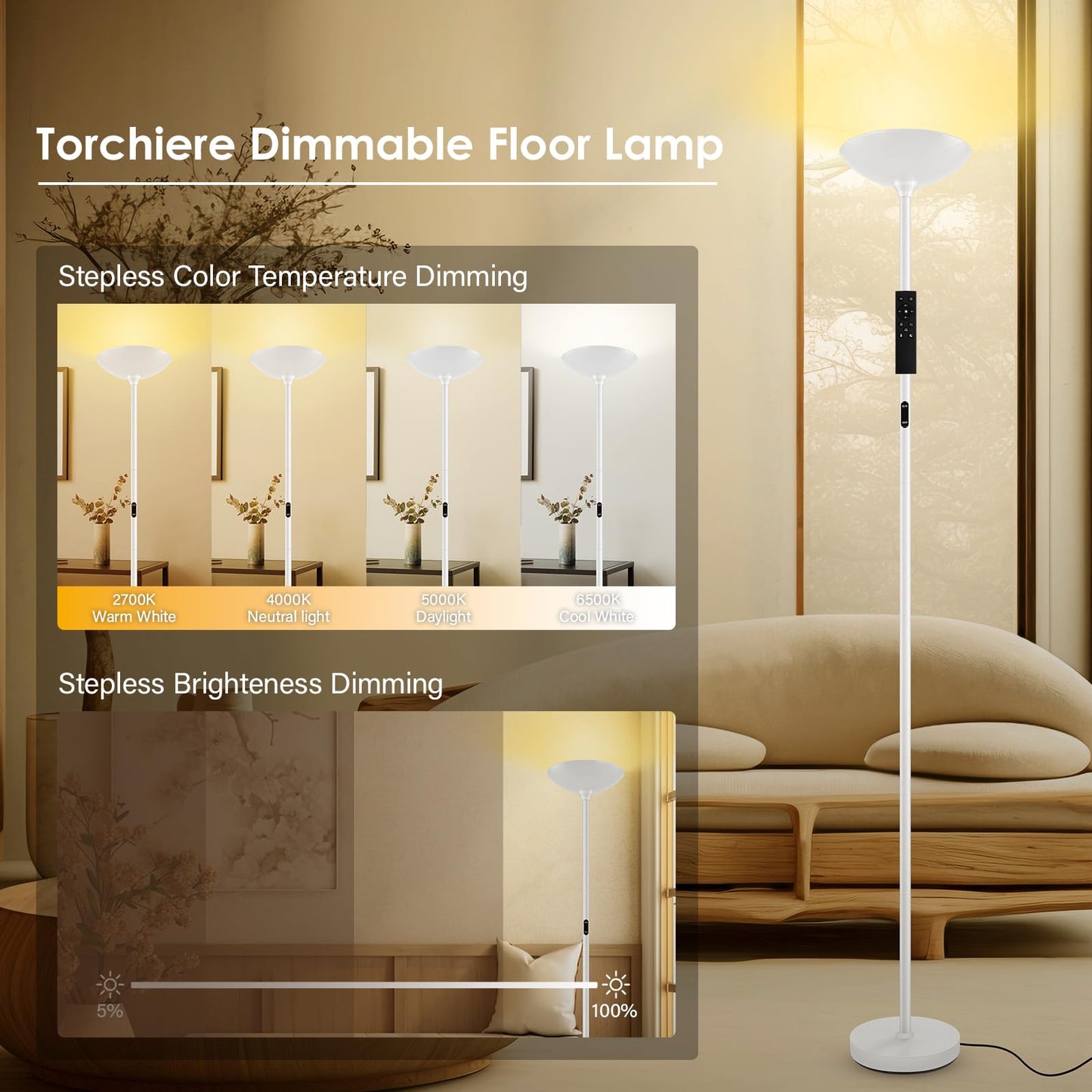 Rynx | Bricosmocon 30W Dimmable Led Floor Lamp With Remote Control, 71" Modern Torchiere For Living Room, White
