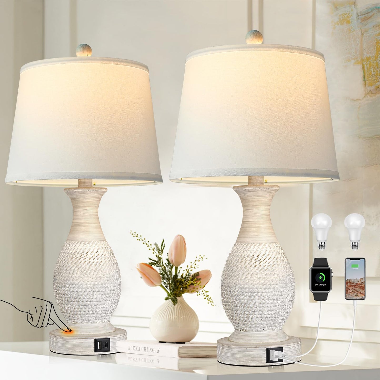 Rynx | Partphoner Table Lamps Set Of 2, Nightstand Touch Lamp With Usb C+A Charging Ports, Side Table Lamp With White Fabric Shade (Led Bulbs Included)