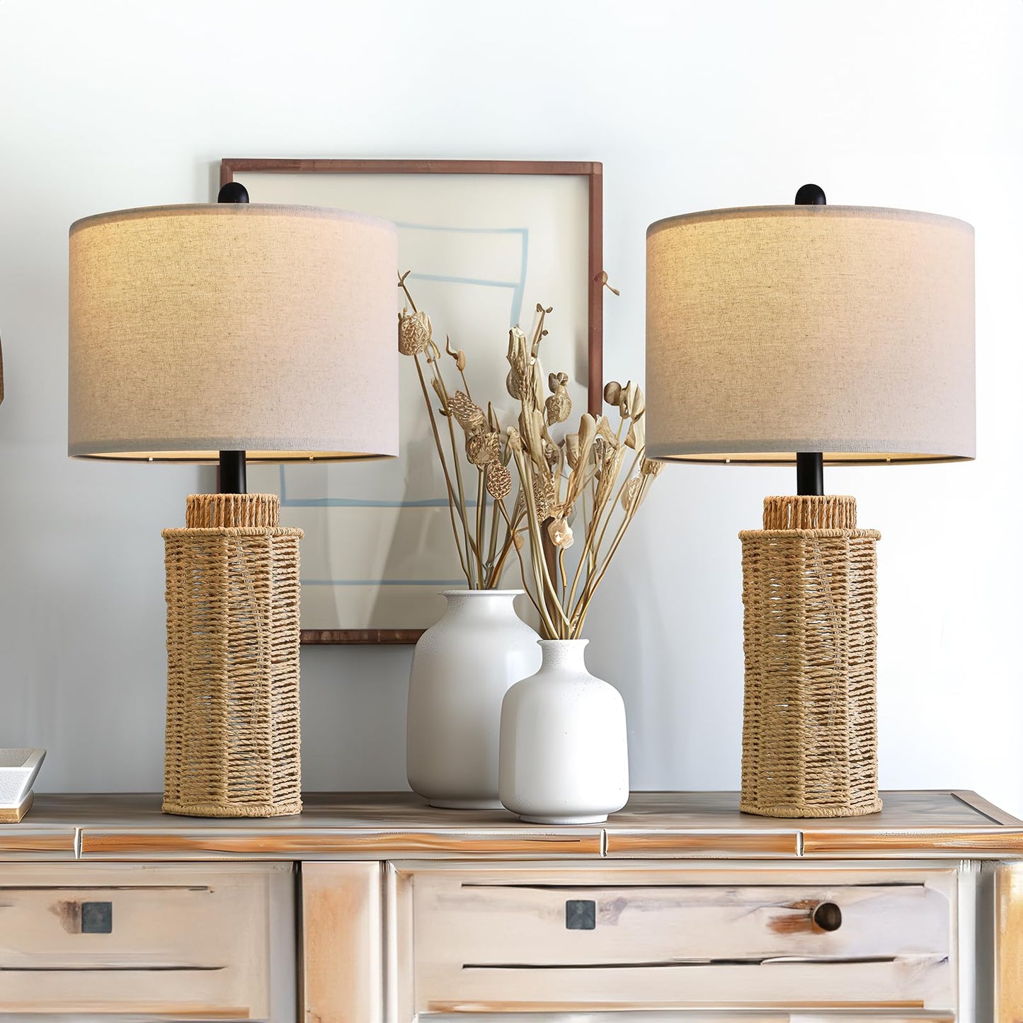 Rynx | Oyears 22.5" Boho Table Lamps Set of 2 for Living Room, Bedside Lamp for Nightstand, Rattan Lamp for Bedroom, Courtyard Table Lamp for Room Decor, End Table, Retro, Brown (Bulbs Not Included)