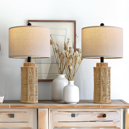 Rynx | Oyears 22.5" Boho Table Lamps Set of 2 for Living Room, Bedside Lamp for Nightstand, Rattan Lamp for Bedroom, Courtyard Table Lamp for Room Decor, End Table, Retro, Brown (Bulbs Not Included)